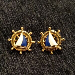 Vintage AVON Nautical Gold and Blue Sailboat In Ship Wheel Pierced Stud Earrings